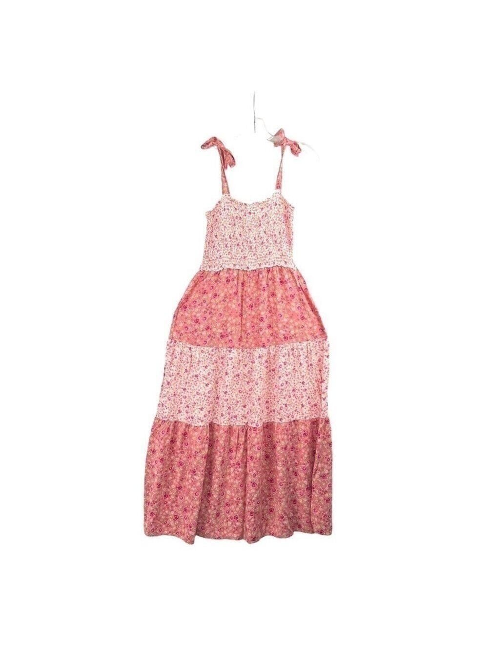EUC-City Triangles Pink Floral, SmockedBodice, Tiered, TieShoulders Maxi Dress L